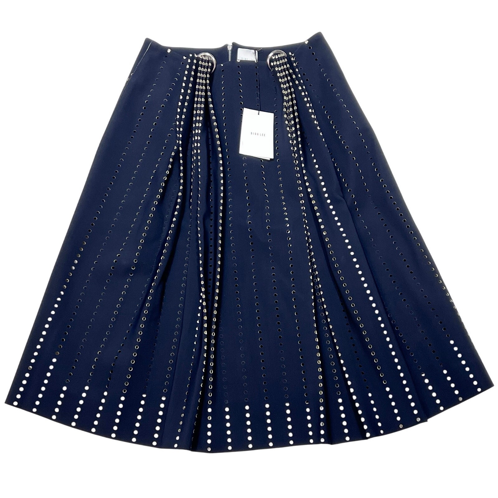 Dion Lee Embellished Perforated Pleated Skirt Us 8 Blue Polyester Zipper 2016